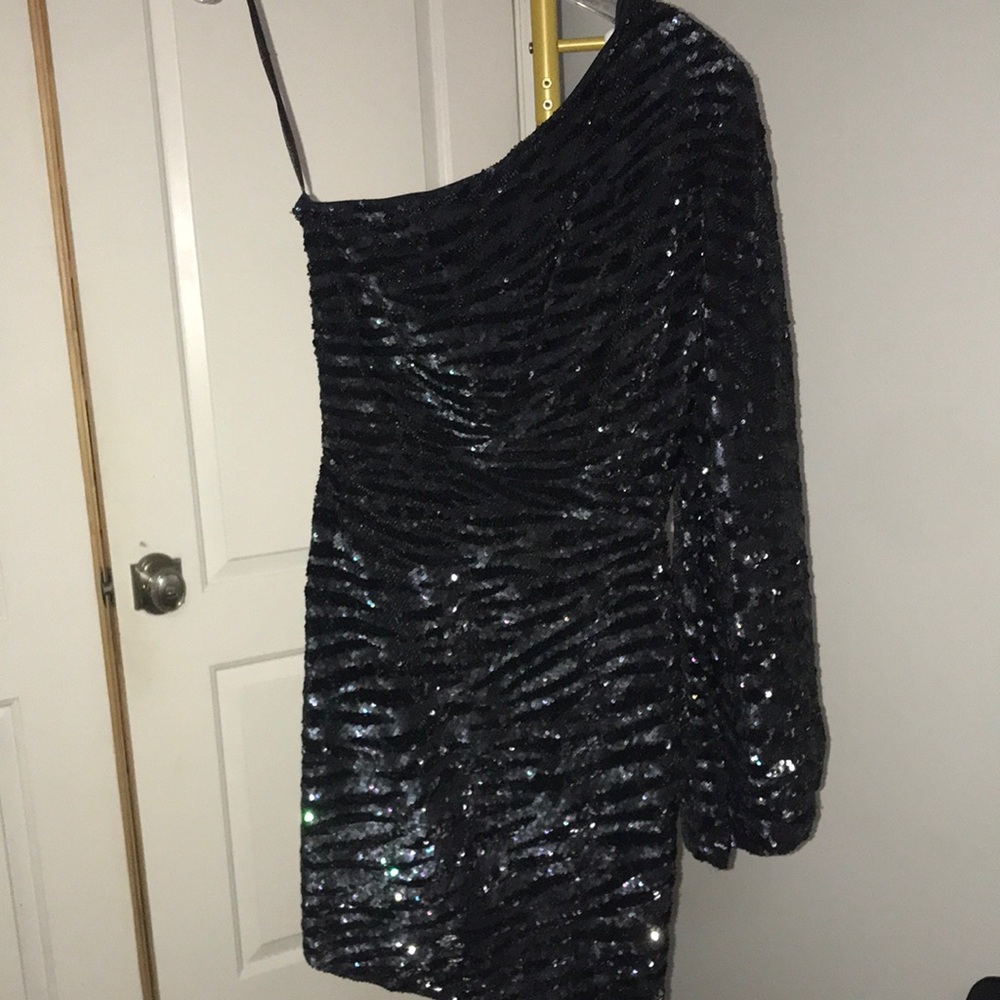 Retrofete Black Zebra Sequin One-Shoulder Mini Dress